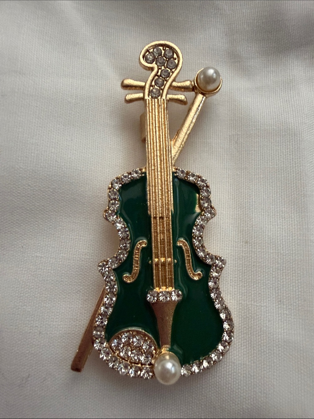 Gold & Green Violin Brooch Pin with Rhinestones and Pearls